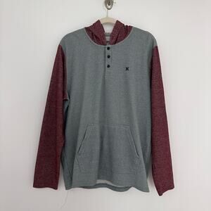 Hurley Mens XL Red Gray Henley Hooded Sweatshirt Surf Casual
